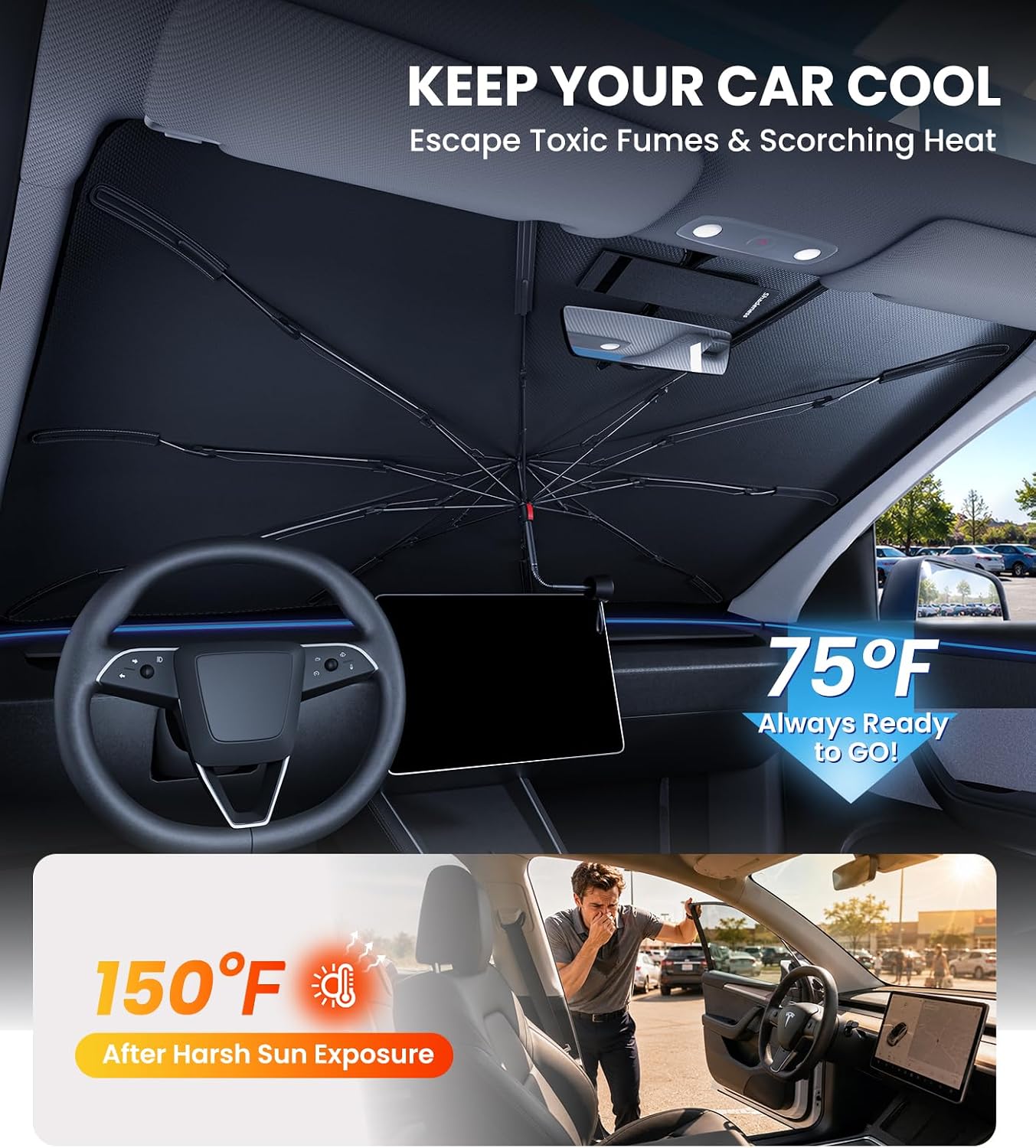 Zanch Windshield Sun Shade Umbrella: 1:1 Custom Fit for Tesla Model Y/3 2020-2026 [99% UV Protection, Up to 75? Cooler] Reflective Heat Shield, No Sag, No Scratches, Foldable Front Sunshade Umbrella Tesla Model Y/Model 3 ?2020-2026?
