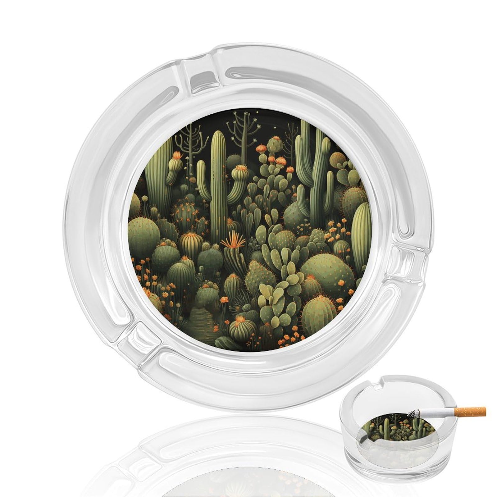 Green Cactus Glass Ashtray for Cigarette,Cigarette Ashtray for Indoor Or Outdoor Use,Cigar ash trays case with 3 Notches-Glass Decor Gift for Men Smokers
