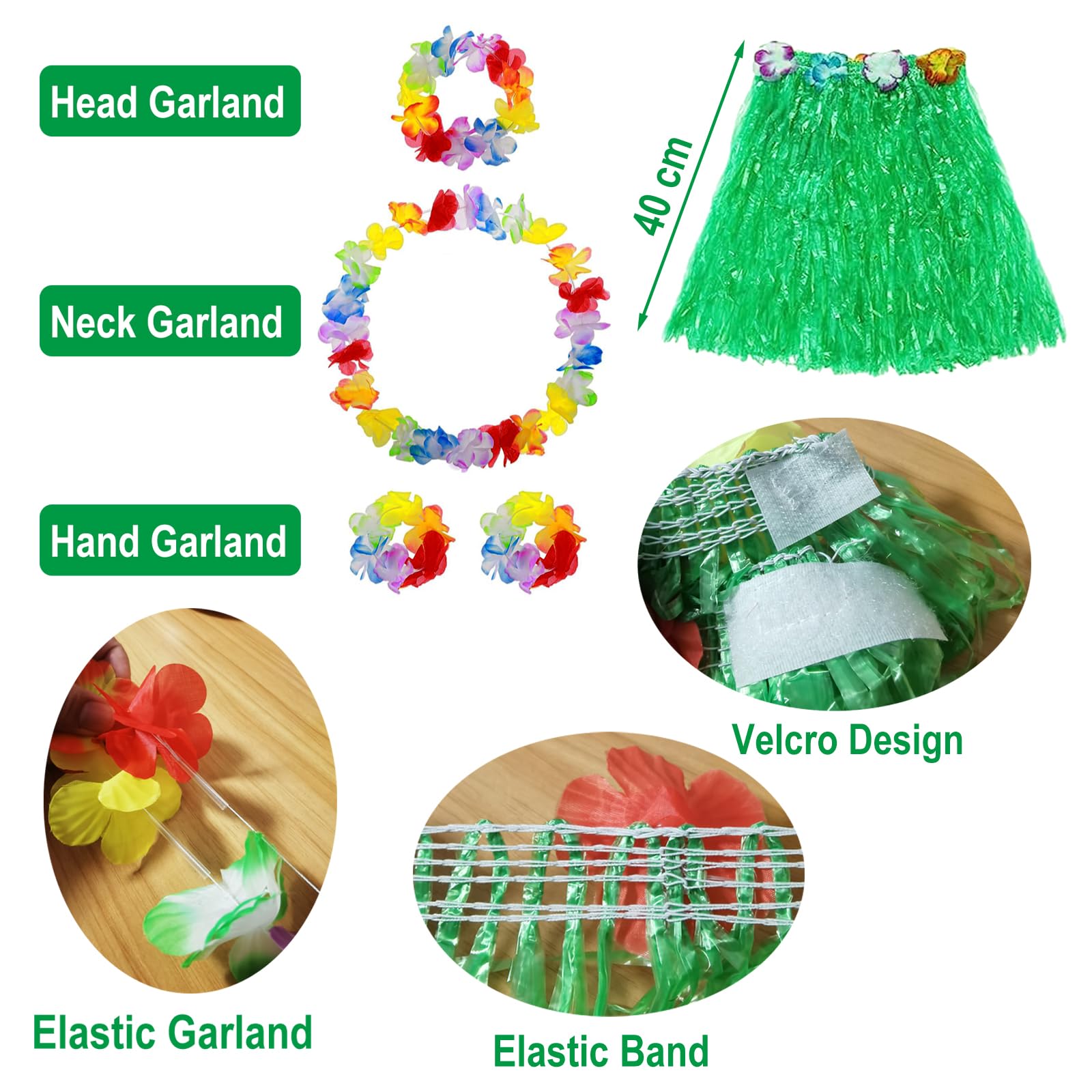 2 Sets Hawaiian Fancy Dress, Include Grass Skirts & Head Garland & Hand Garlands & Necklack - Image 4