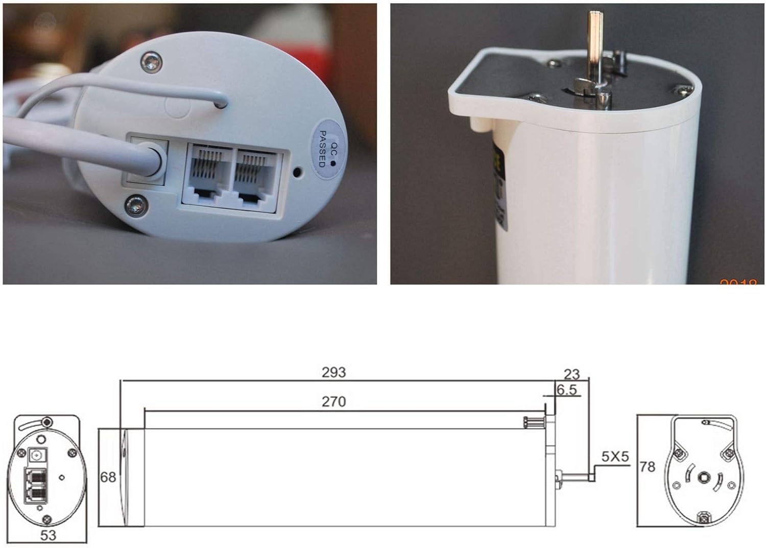 Close-up image of the motor's base showing power and network ports, and a top view of the motor's drive shaft.