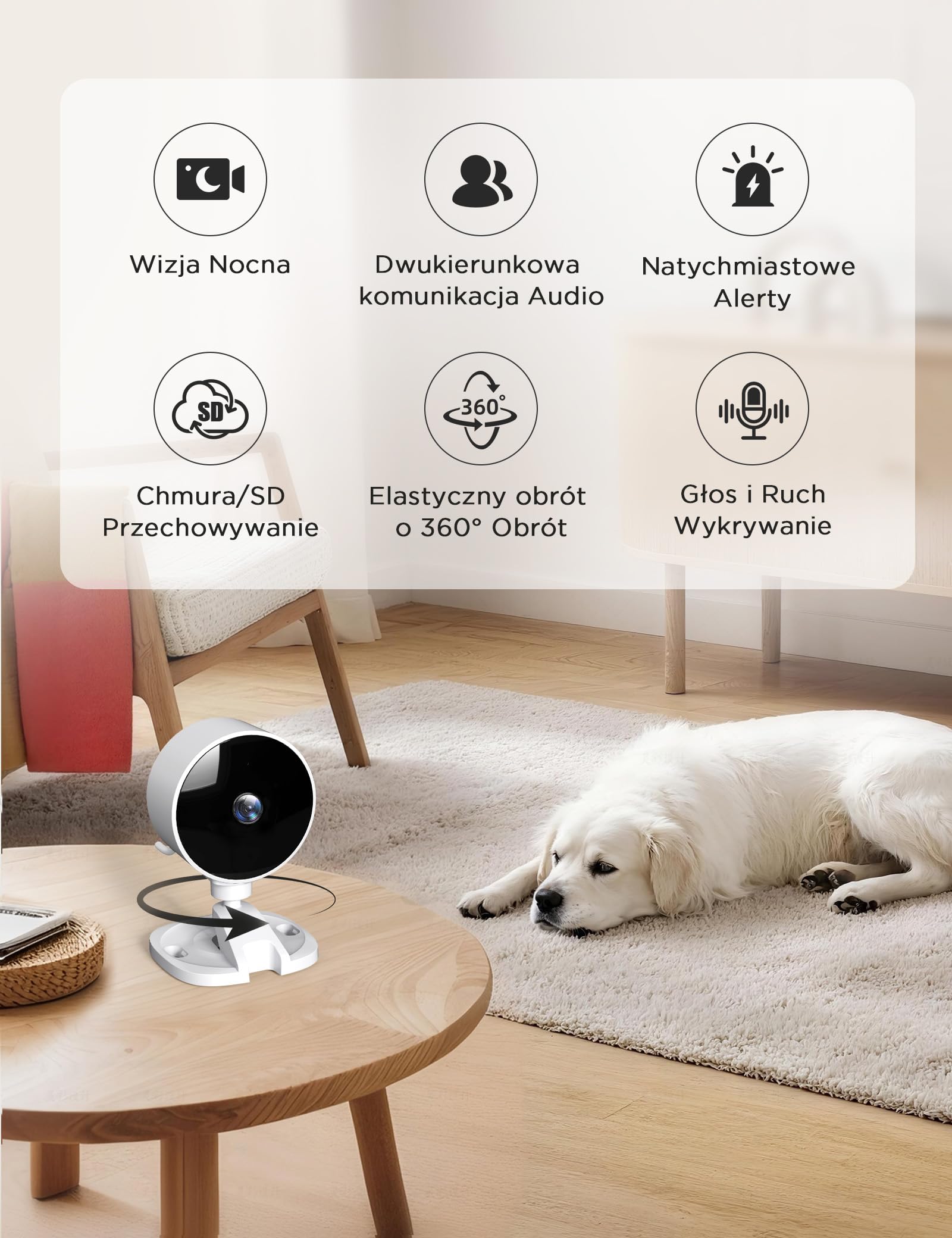 WOLFANG Kamera wewnętrzna 1080P kamera bezpieczeństwa 2 opakowania kamery CCTV House Security-2, wykrywanie ruchu/dźwięku, domowa kamera bezpieczeństwa, 2-drożny dźwięk, noktowizor, alarm w