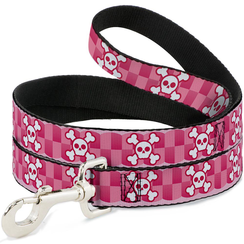 Dog Leash Cute Skulls Checkers Pinks White 6 Feet Long 0.5 Inch Wide
