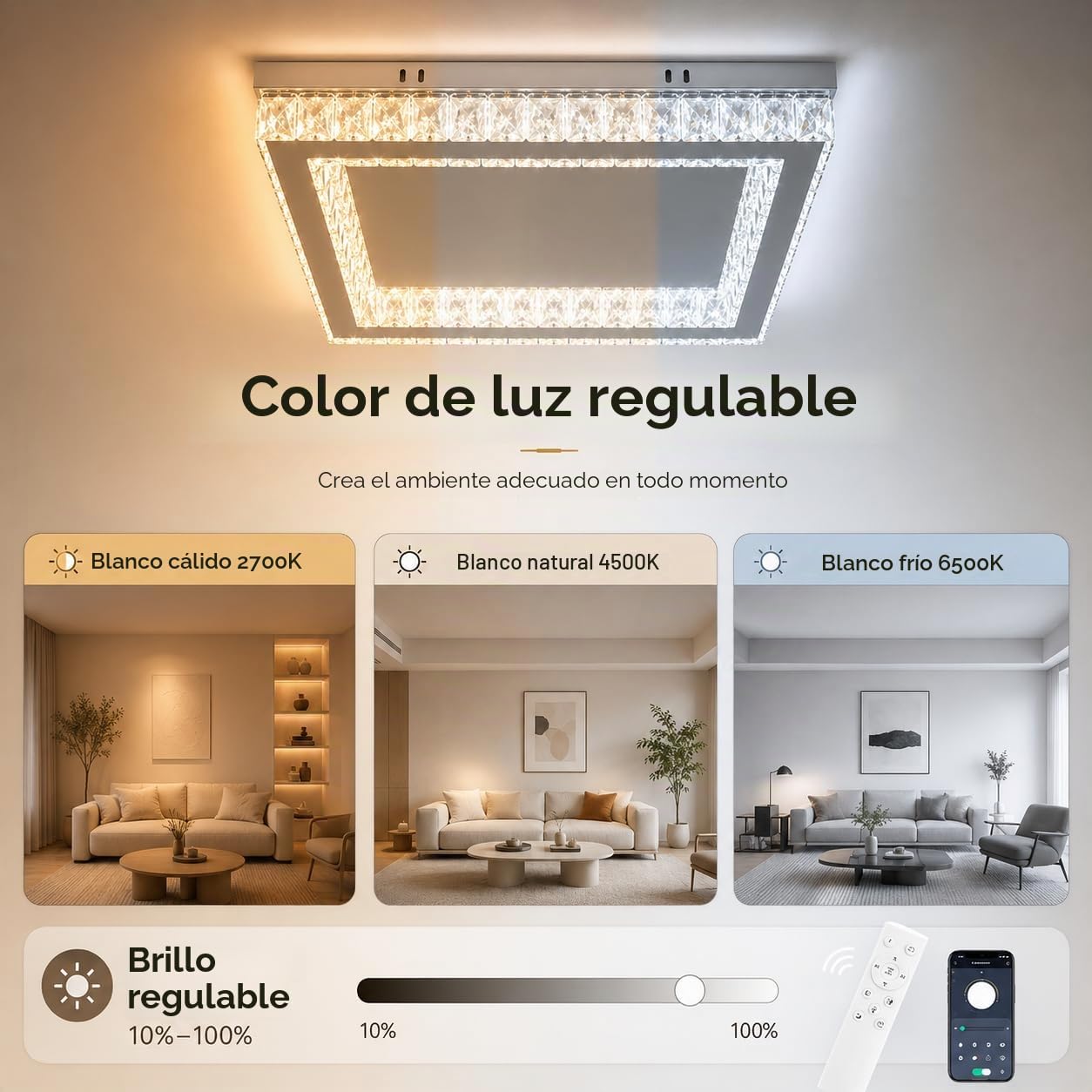 Finktonglan Plafón LED de cristal K9 cuadrado 45×45 cm, 2×28 W regulable 3000–6500 K con mando/APP, semiempotrado de perfil bajo en acero inoxidable para salón, dormitorio y comedor