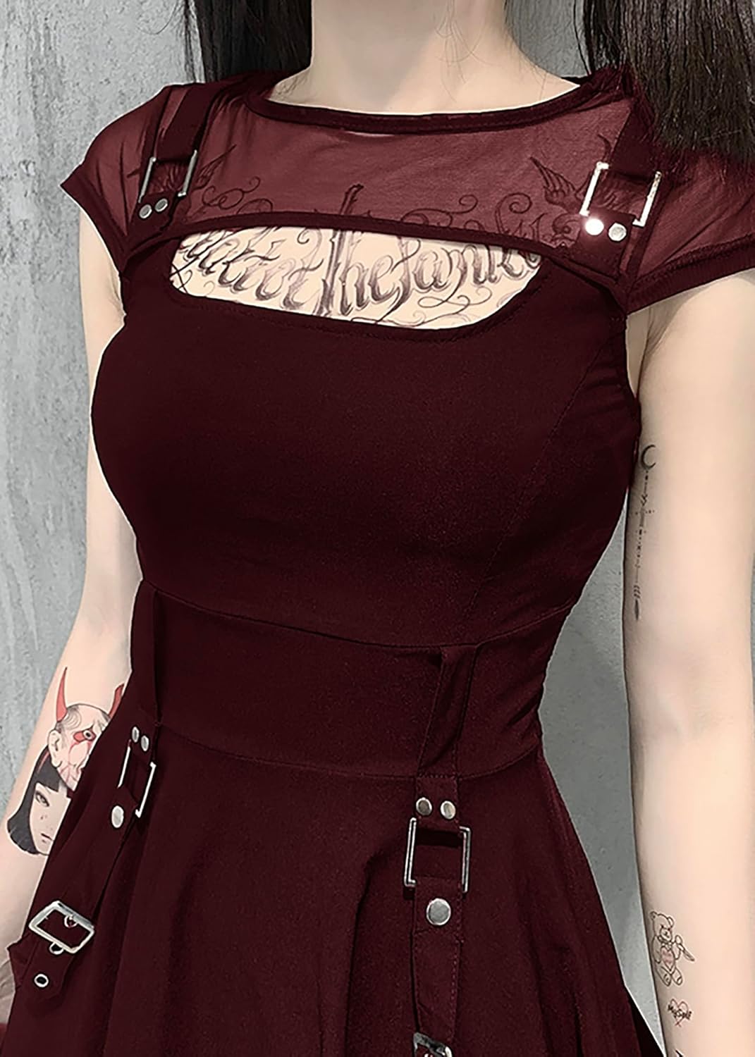 TSMNZMU Women Gothic Mesh Mini Dress Black Harajuku Grunge Halter Dresses Sleeveless Aesthetic Alt Dress Y2K Emo Dress