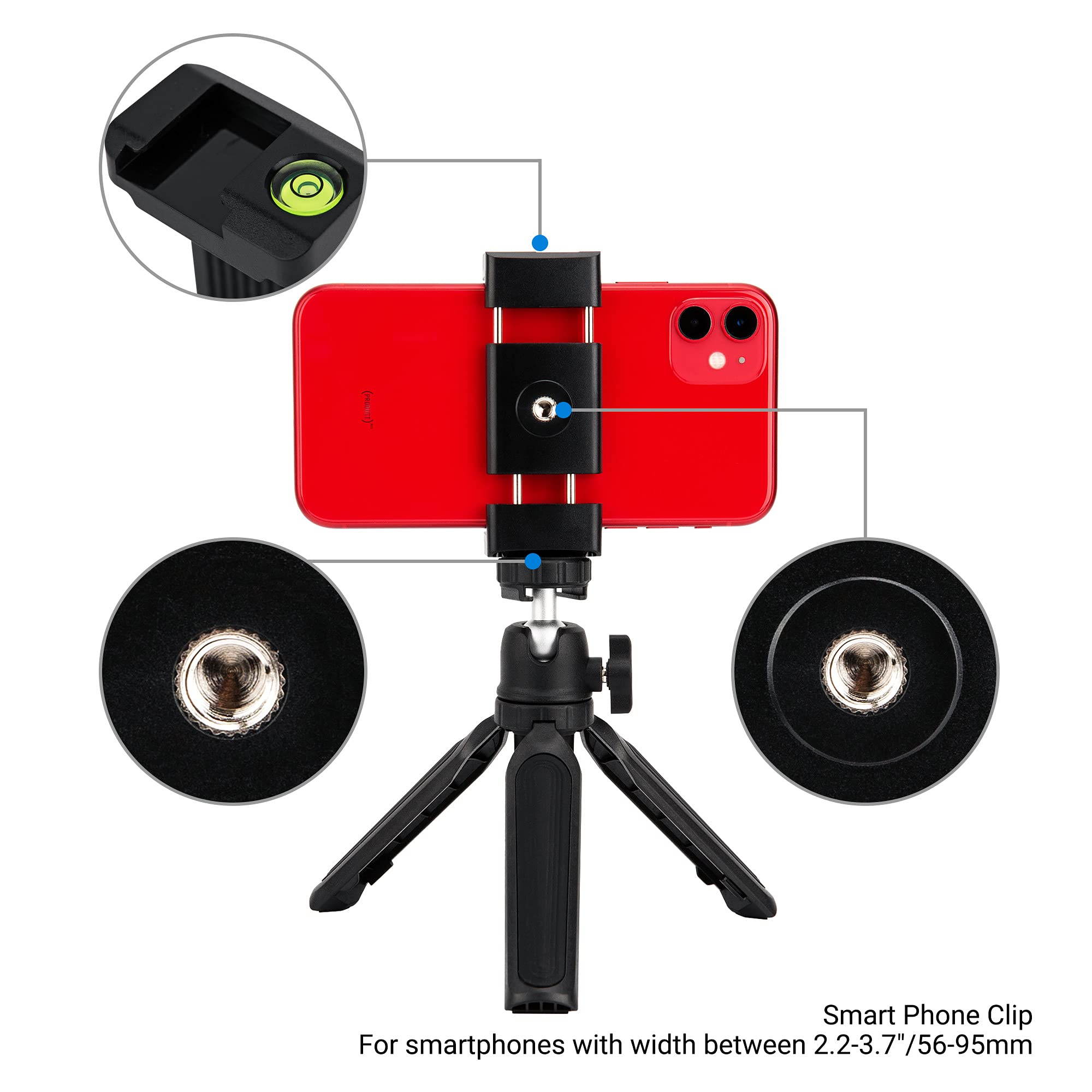 Pied Pour Telephone Portable JJC 3 En 1 - Poignée Extensible Et Mini Trépied De Table - Avec Clip De Support Pour Téléphone Portable Et Support GoPro Pour Prise En Main GoPro