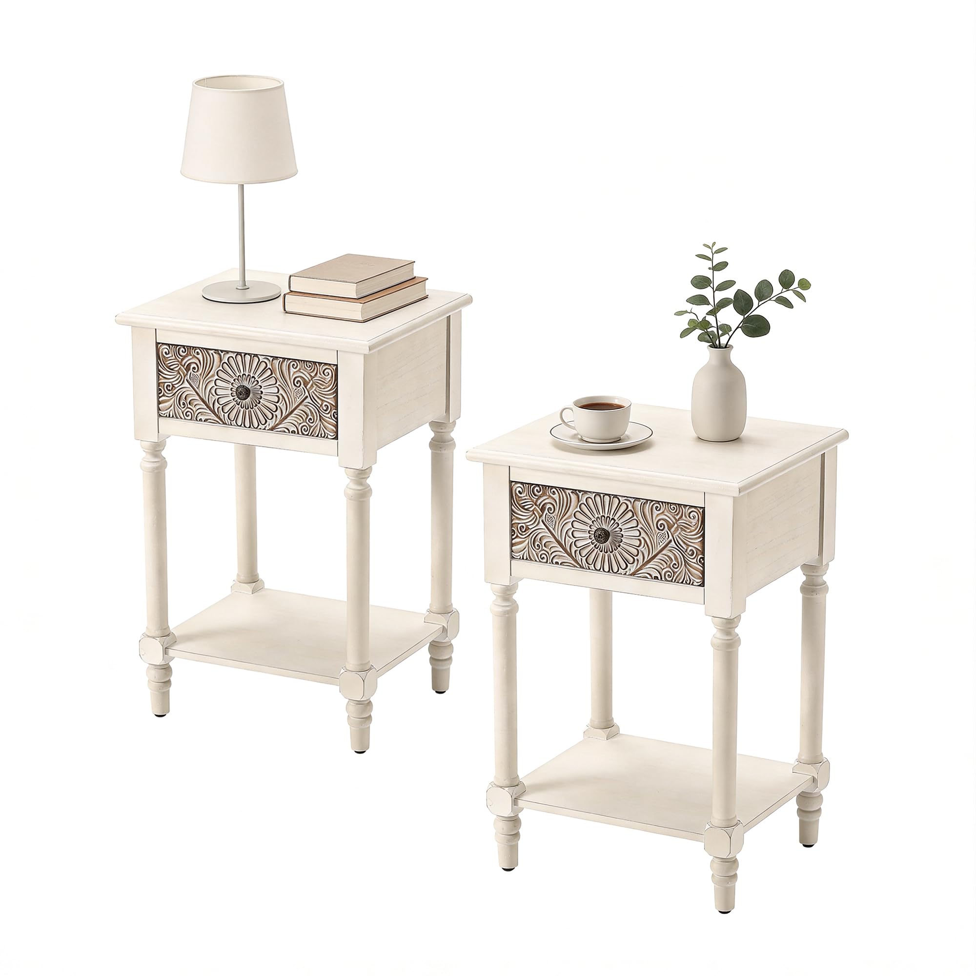 HOMPUS End Table Set of 2 with Drawer and Shelf, Vintage Nightstand Set 2 w Pattern Drawer, White Bedside Table, Accent Nightstand Organizer for Living Room, Bedroom, Easy to Assemble, Distress White