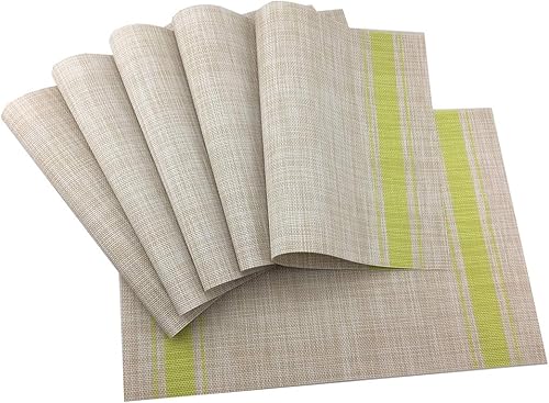 Gugrida Juego de 6 manteles individuales de vinilo tejido cruzado verde de lujo para mesa de comedor, cocina, manteles individuales