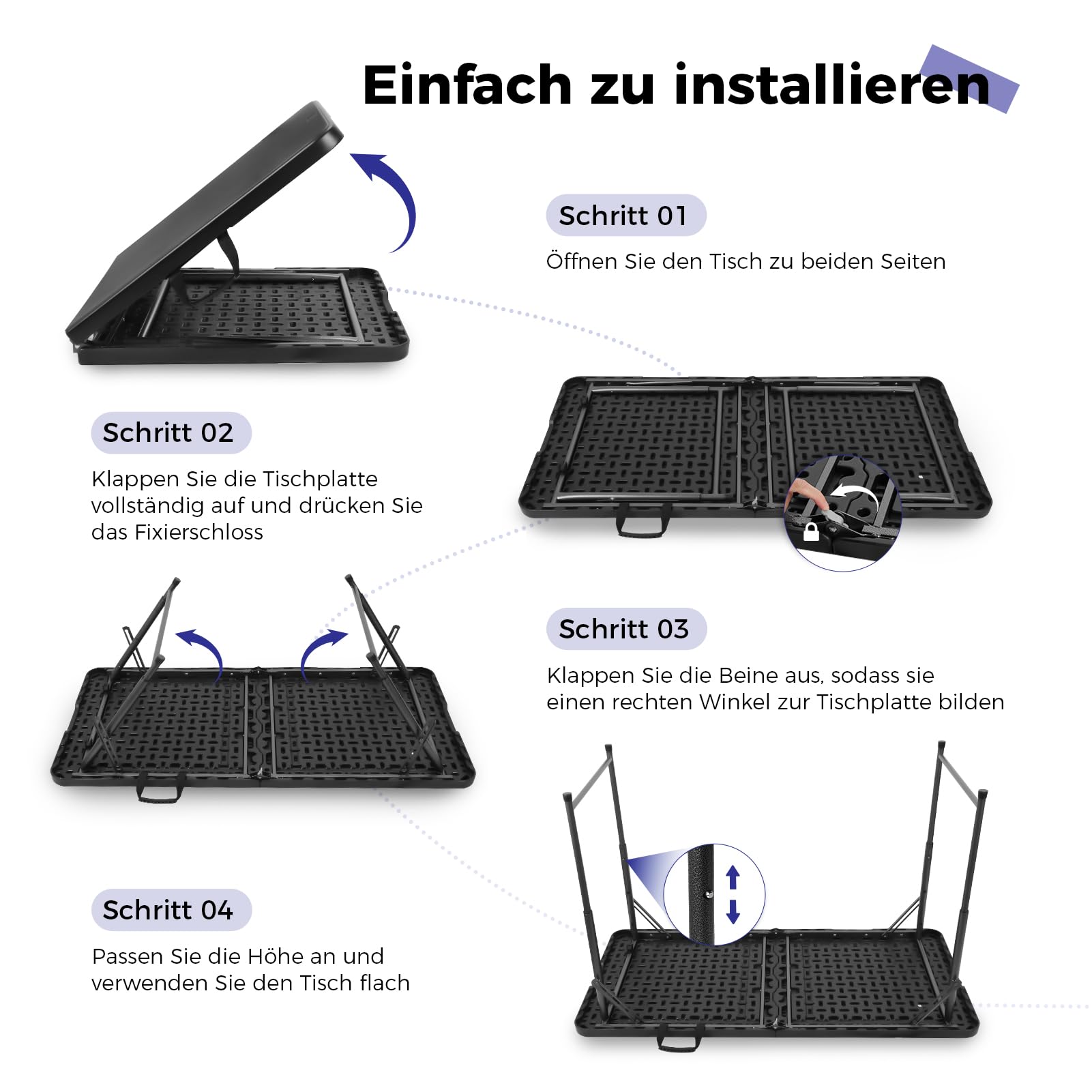 Byliable Klapptisch 120 cm tragbar, höhenverstellbar Campingtisch, Gartentisch Esstisch Partytisch klappbar faltbar, Outdoor Indoor, Schwarz