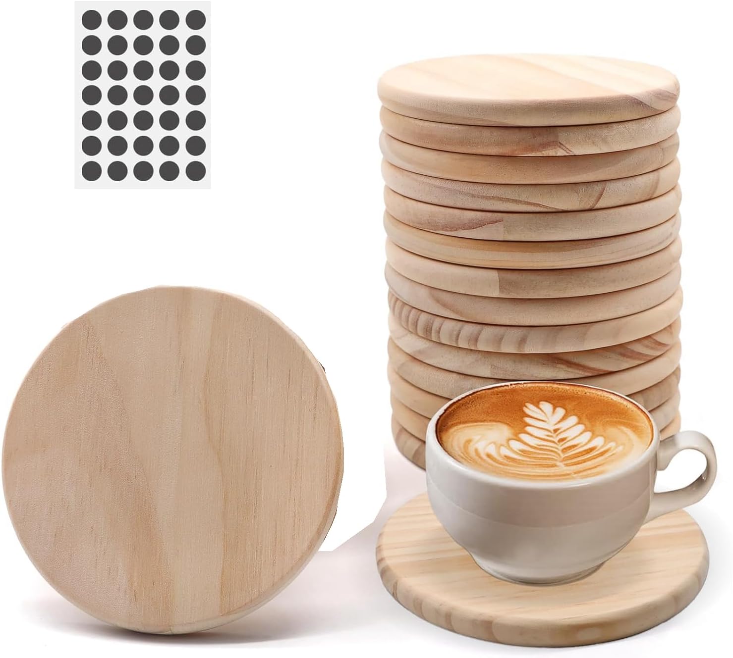 12 PCS Unfinished Round Wood Coasters, 4 Inch Blank Wooden Craft Coasters with Non-Slip Foam Pad Stickers for DIY Stained Painting Wood Engraving Home Decoration Supplies (Round)