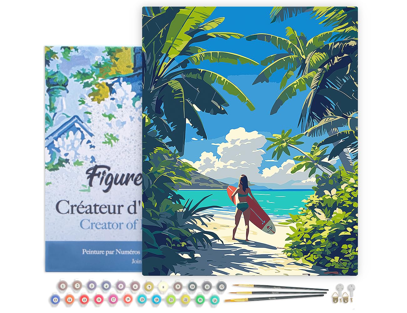 Figured'Art Peinture par Numéro Adulte avec Cadre Paradis tropical du surf - Activité Manuelle Kit de Loisir Créatif DIY Numéro d'Art Complet - 40x50cm toile tendue sur châssis