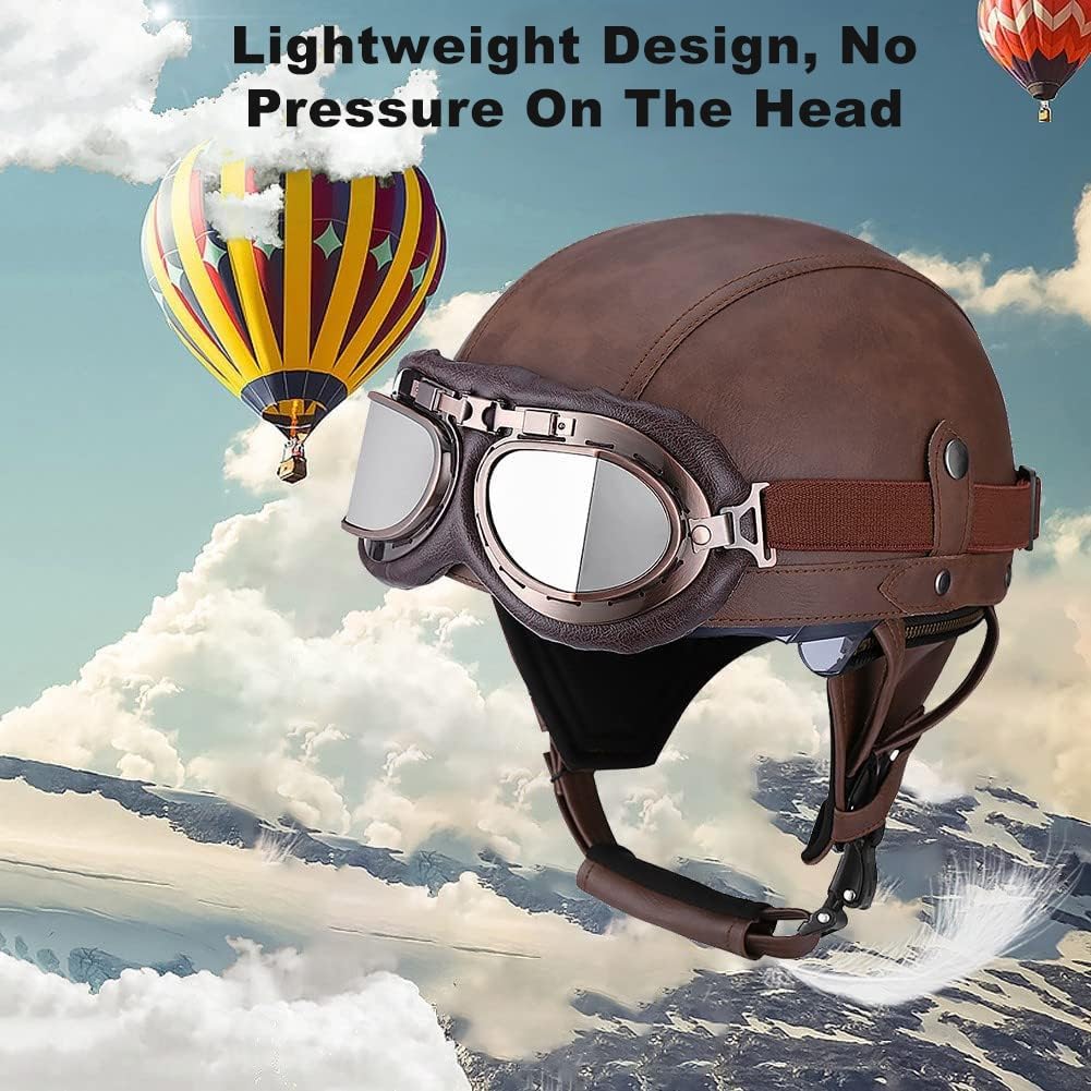 Skórzany kask motocyklowy w stylu retro, z certyfikatem ECE, kask skórzany typu jet z goglami ochronnymi, dla dorosłych, na skuter, cruiser, motorower, unisex