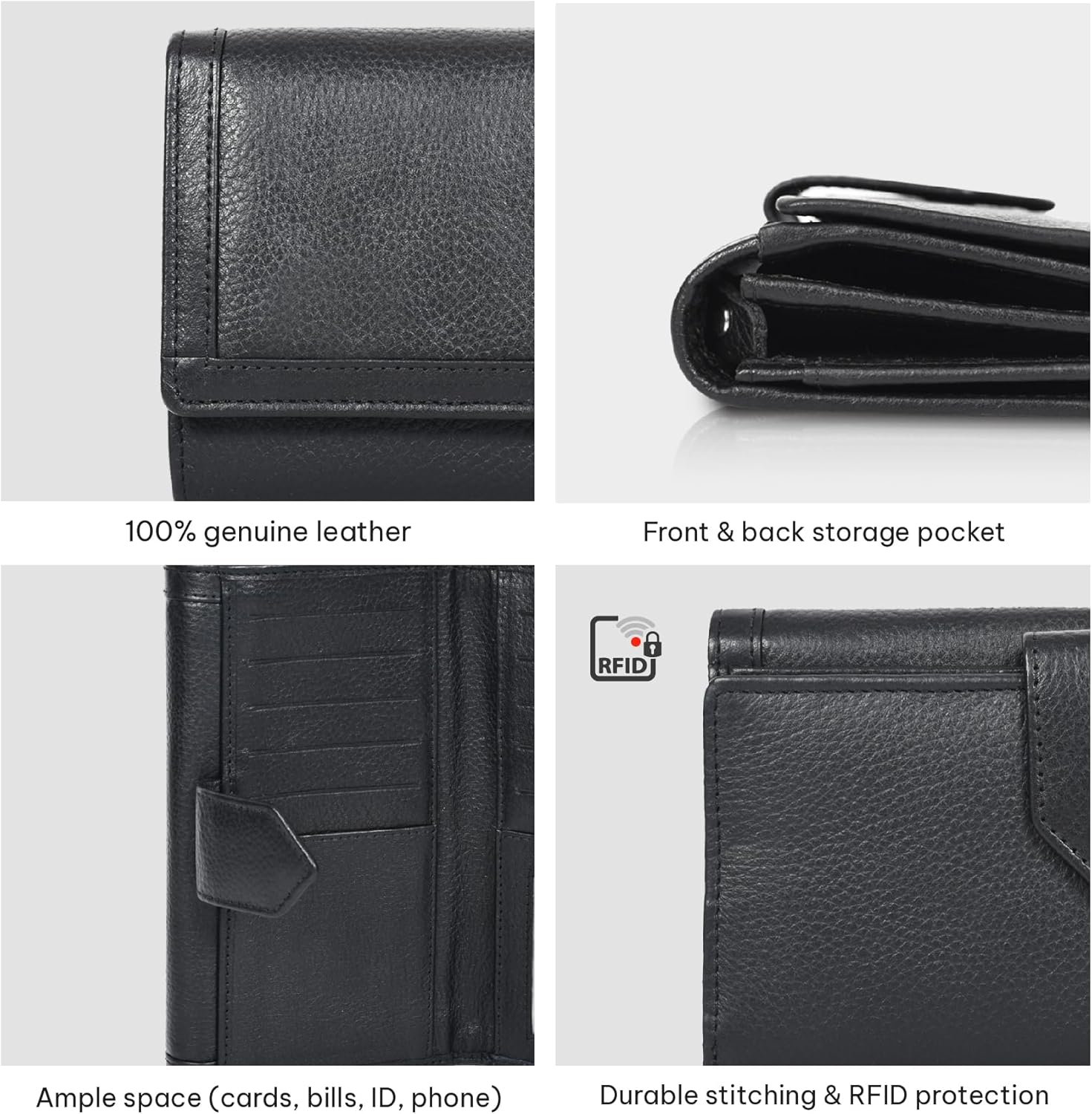 VALENCHI Women's Leather Wallet - RFID Blocking Wallet - Ladies Clutch Hand Purse With Card Holder Slots (Black Nappa LW06) - Image 4