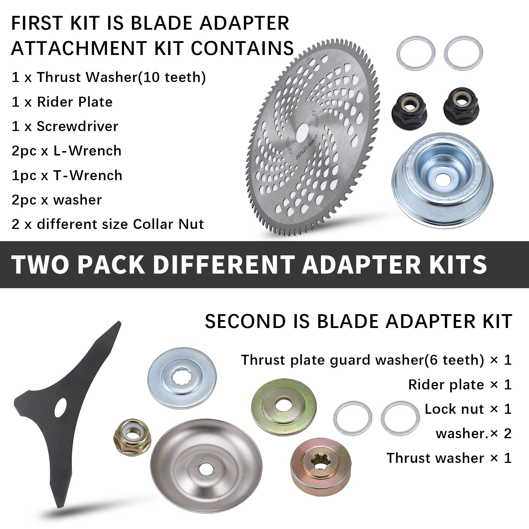 Cuchillas de corte de cepillo de acero al carbono de 10 x 3 dientes y cuchillas de cepillo de punta de carburo 80T de 10 pulgadas x con 2 kits de adaptadores diferentes, cabezal de corte de acero