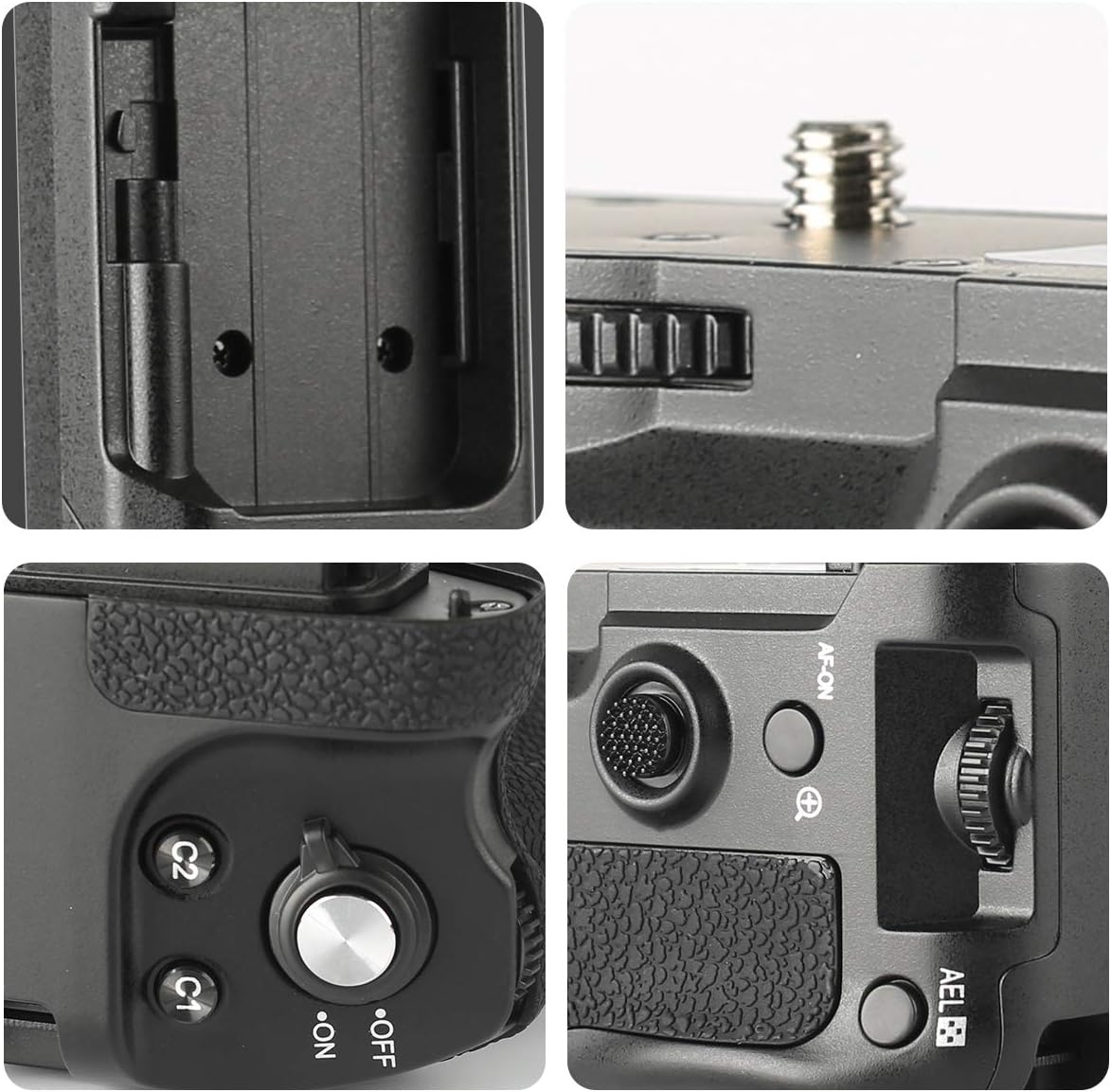 Diagram showing battery installation steps for the Meike MK-A7R IV battery grip