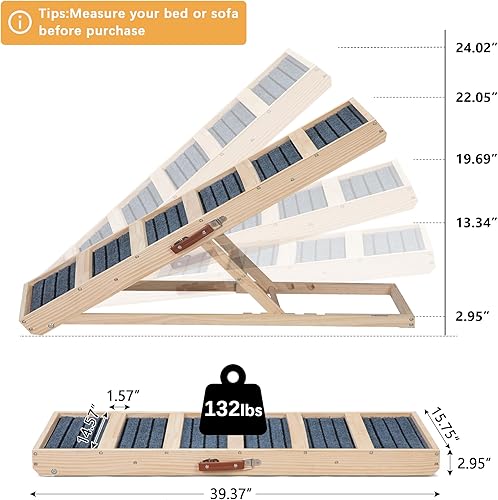 Miniatura 4 de Rampa plegable para perros, 4 niveles, ajustable, de madera, portátil, para gatos, con superficie antideslizante para cama, automóvil, sofá, SUV,