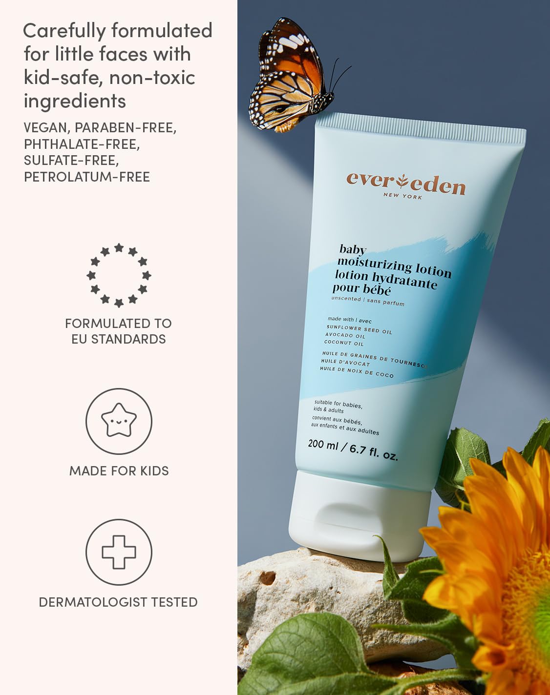 Evereden Moisturizing Baby Lotion for Newborn 6.7 oz. | Lightweight & Non-Greasy Toddler Lotion | Clean & Gentle Baby Care | Non-toxic & Fragrance Free
