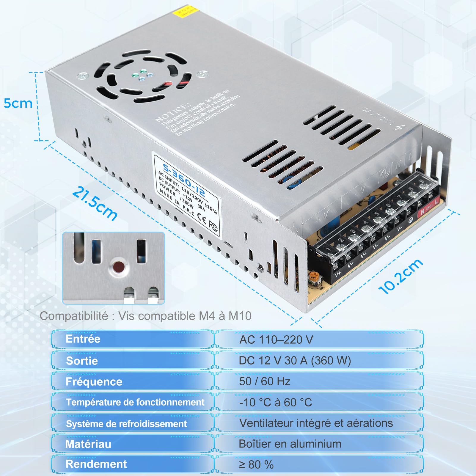 inShareplus Alimentation 12V 30A 360W pour LED, Alimentation à Découpage DC Régulée, Transformateur 230V vers 12V, Adaptateur Secteur pour Ruban LED, Imprimante 3D, Radio, Projets Électroniques