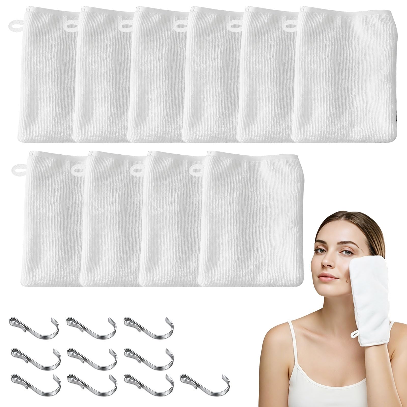 10 Pcs Facial Mitts - 15 x 21cm Soft Bamboo Face Cloths, White Microfibre Cloths Towels, Reusable Microfibre Gloves for Body and Face, Make Up Remover Face Flannels for Bath & SPA, With 10 Hooks