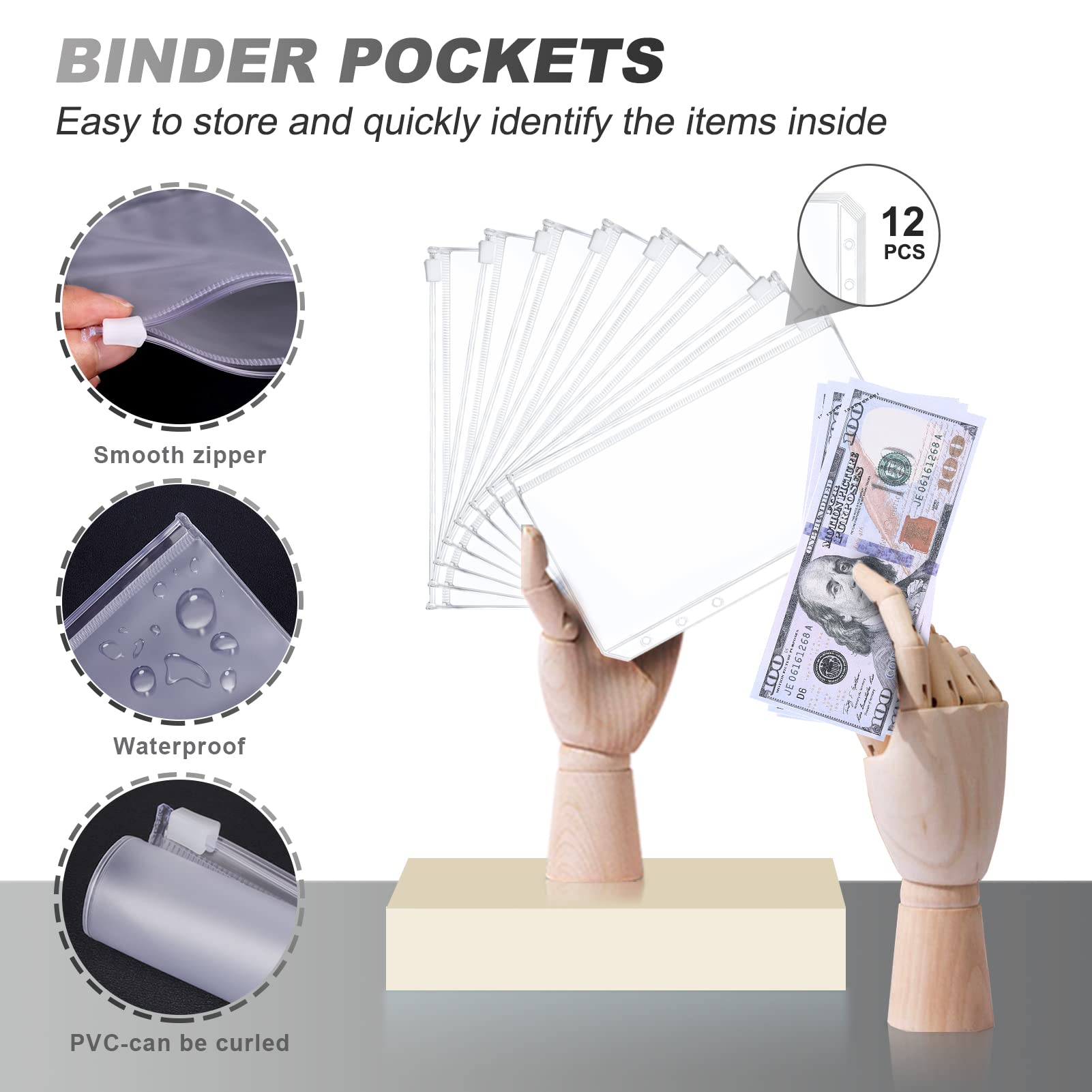 TAOPE Portadocumenti in Pelle PU A6 Binder Budget Set con 12 Sacchetti Trasparenti Cerniera, Nero Girasole