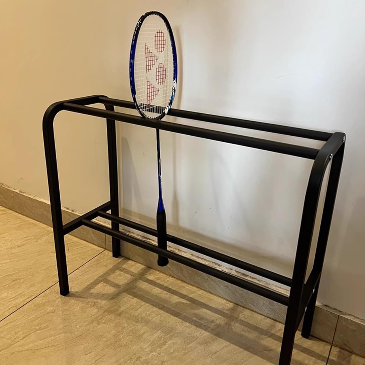 Tennis Badminton Racket Storage Rack Steel Frame Holds 20 Rackets White Black