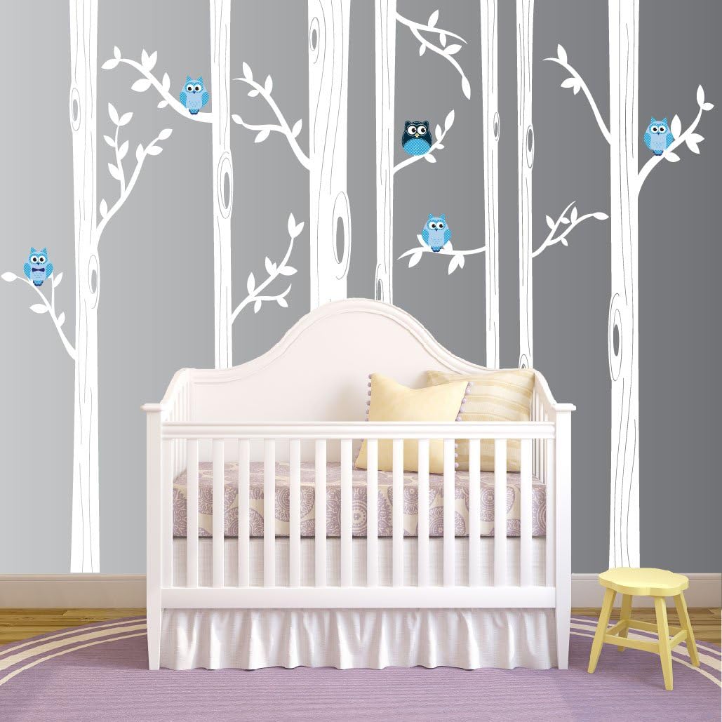 Nursery Birch Tree Wall Decal Set With Owl Birds Forest Vinyl Sticker, Birch Tree Wall Decal, Birch Tree Decal Baby Boy Whimsical Owls (7 trees) #1321 (84" (7ft) Tall, White Trees, Pink Owls)