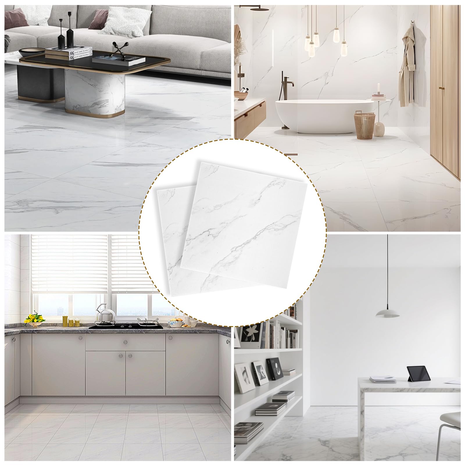 CYEER 40 rivestimenti per pavimenti in PVC, autoadesivi, 30 x 30 cm, in vinile, effetto marmo, bianco, impermeabili, per bagno, cucina e corridoio, set di ristrutturazione fai da te per circa 3,6 m²