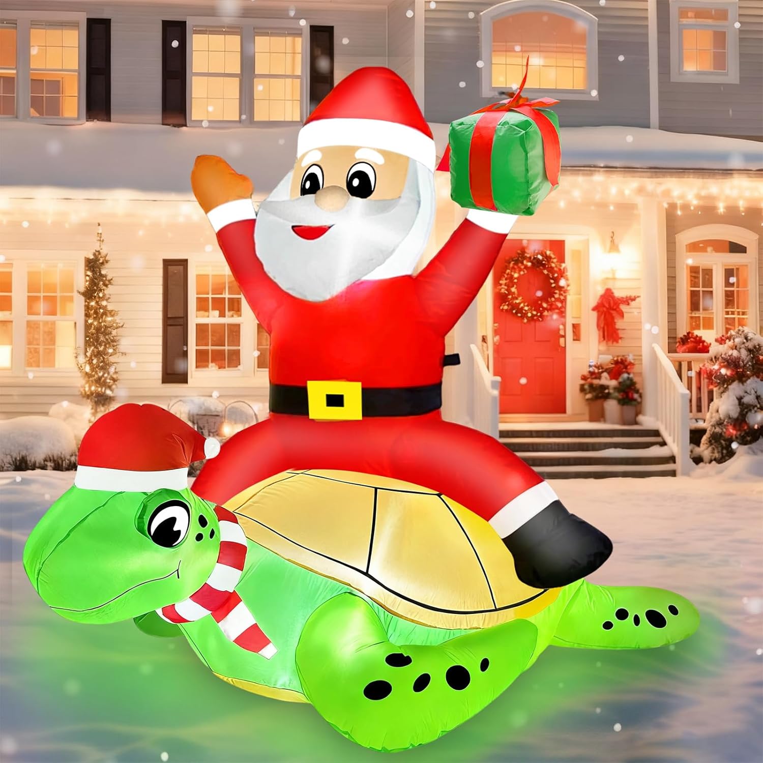 AMENON 5 FT by 4 FT Christmas Inflatables Santa Claus Ride on Sea Turtle Christmas Blow Up Yard Decorations Christmas Decorations Outdoor Built-in LEDs Xmas Decor Party Outside Holiday Lawn Garden