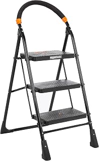 Amazon Basics Clamber-Foldable Step Ladder, Safety-Clutch Lock, Ribbed Steps, Knee Guard, Non-Marring PVC Shoes, 3 Steps (Steel, Black&Orange, Iron&Plastic)