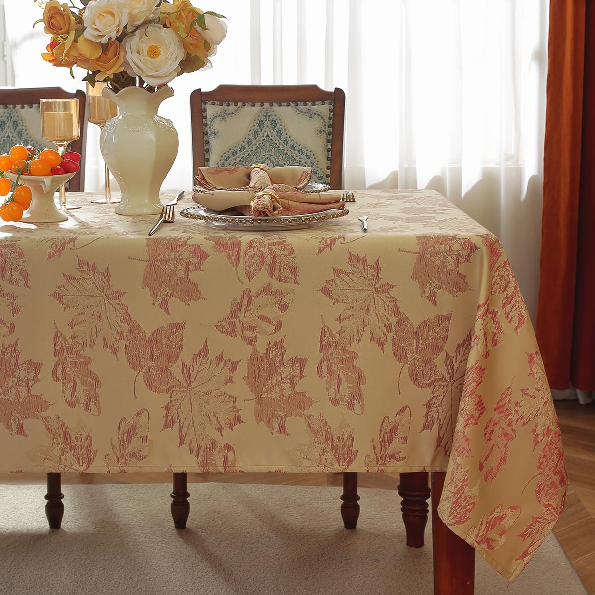 SASTYBALE Fall Tablecloth 52 x 52 Inch Square Maple Leaves Jacquard Damask Table Cloth, Vintage Water Resistance Wrinkle Free Fabric Table Covers for Autumn Harvest & Thanksgiving, Beige/Burgundy