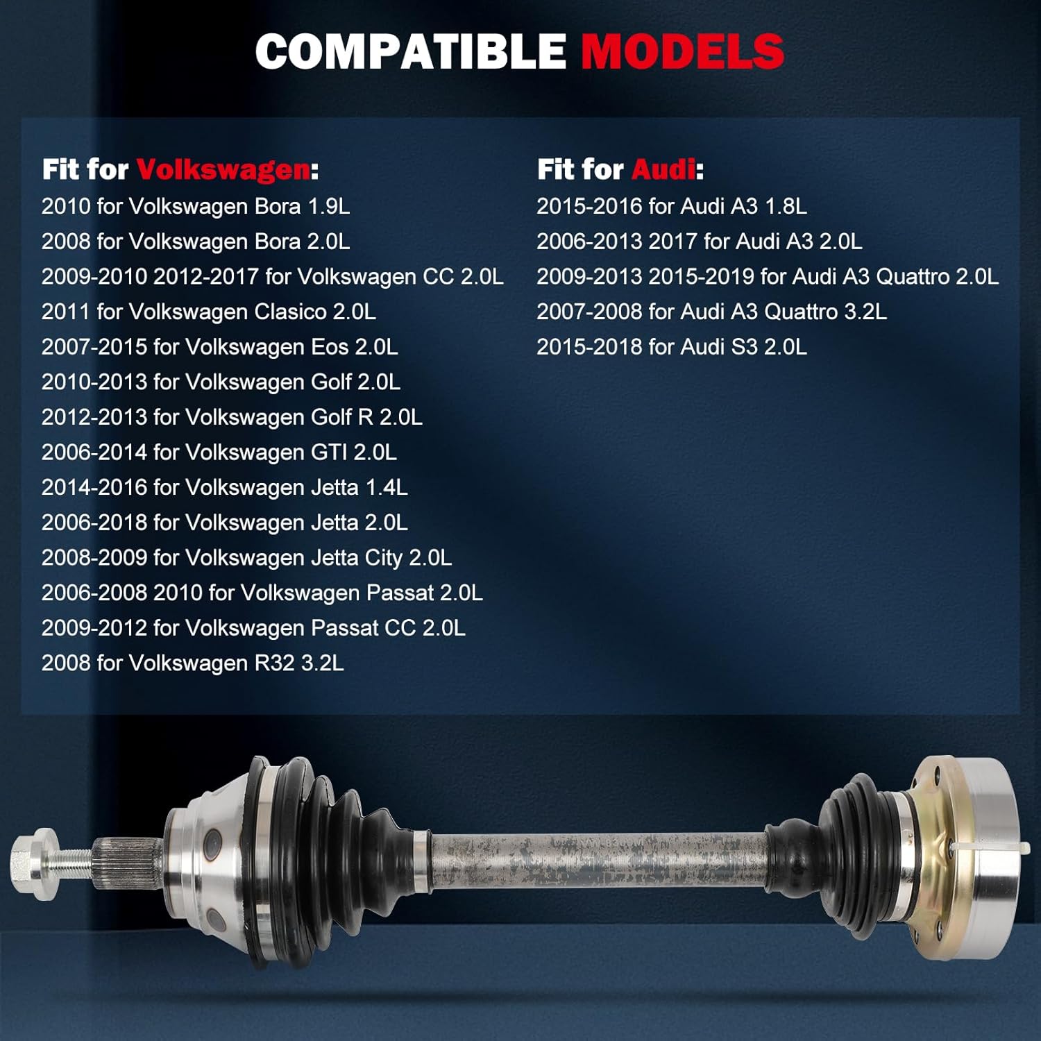 cciyu/ 66-7346 CV Axle Shaft Assembly Fit for Audi A3 for Quattro S3 1 8L 2 0L 3 2L for Bora CC Clasico Golf R GTI Jetta R32 1 9L 2 0L 3 2L 2006-2019 Front Left FWD