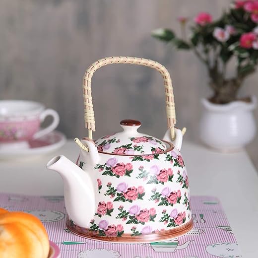 A Vintage Affair- HOME DECOR Ceramic Tea Pot/Kettle| With Strainer Pink and Green Floral Painted | Tea Coffee Pot for Home/Kitchen/Wedding/Casual Gift | 900 ml – Multicolor