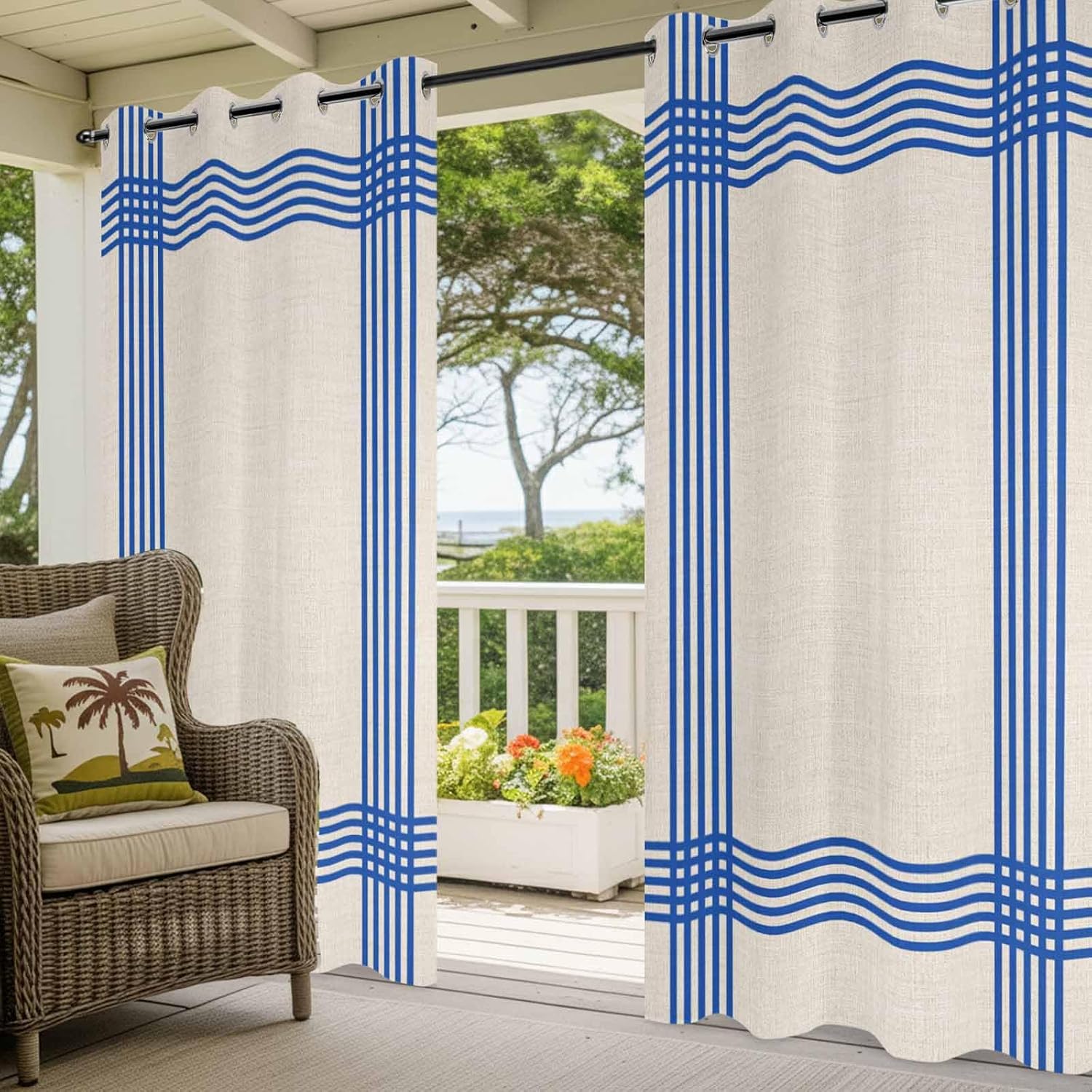 Weighted Outdoor Curtains for Patio Waterproof 84 in 2 Panels Classic Blue Striped Drapes Weatherproof Privacy Outside Curtain for Porch Gazebo Pergola Cabana,Grommet Top, Retro Line on Linen