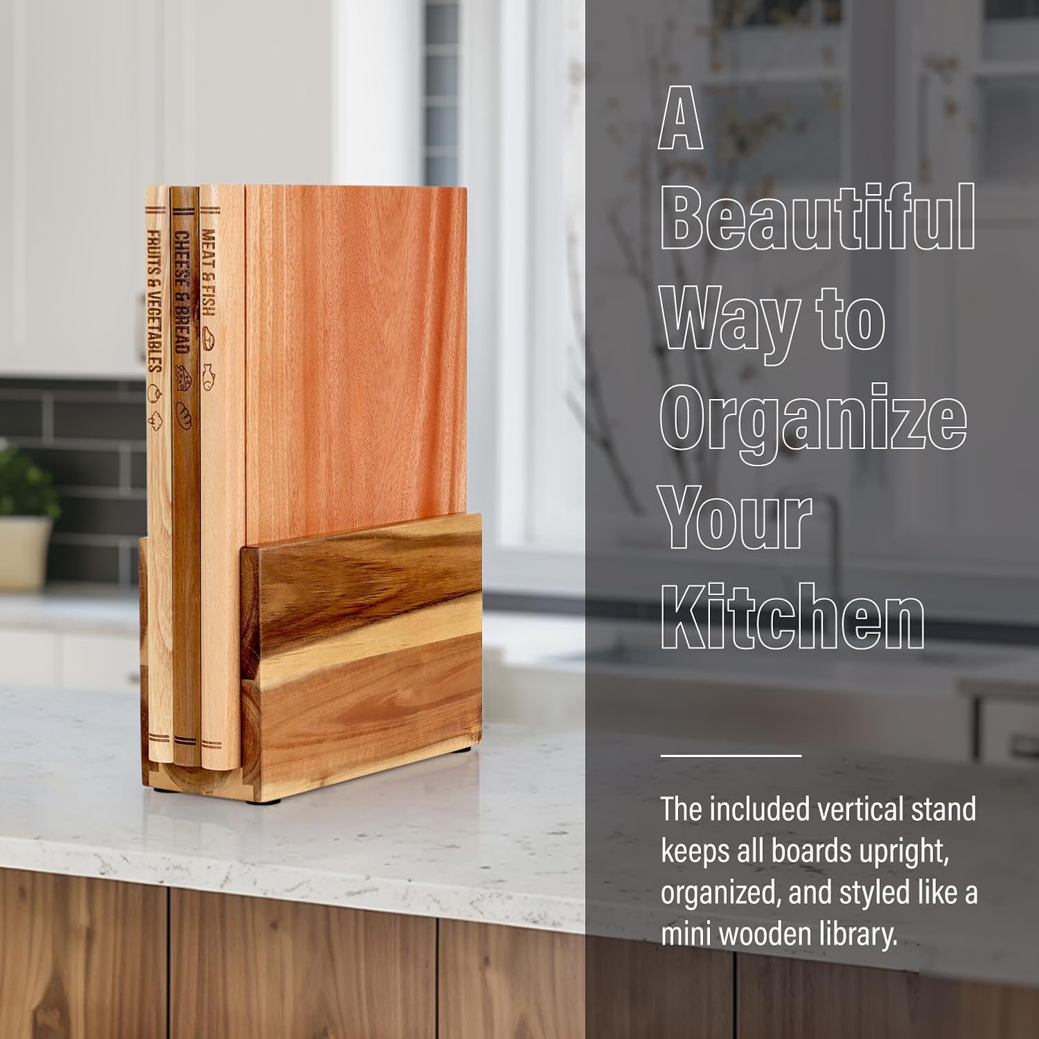 Book Cutting Board Set of 3 with Stand-The Cutting Board Library, Solid Wood Book-Shaped Boards for Serving & Display, Labeled Meat & Fish, Bread & Cheese, Fruits&Vegetables-Decorative Cutting Boards.