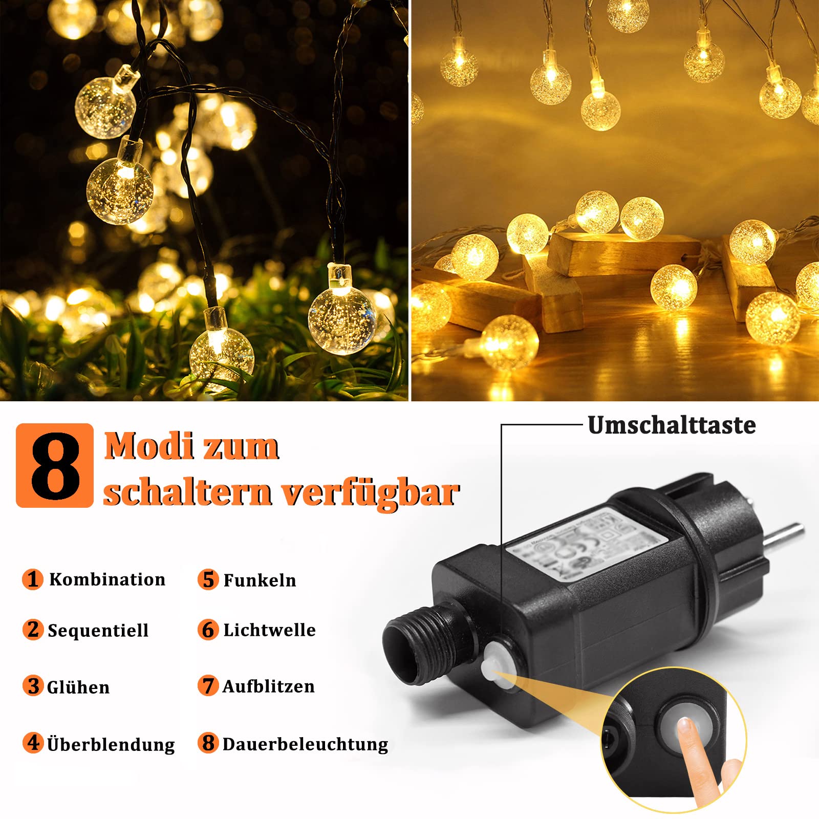 NAIZY Catena di Luci a LED a Sfera 30m Bianco Caldo 8 Modalità Catena Luminosa a LED per Natale, Matrimonio e Feste, Linea Trasparente