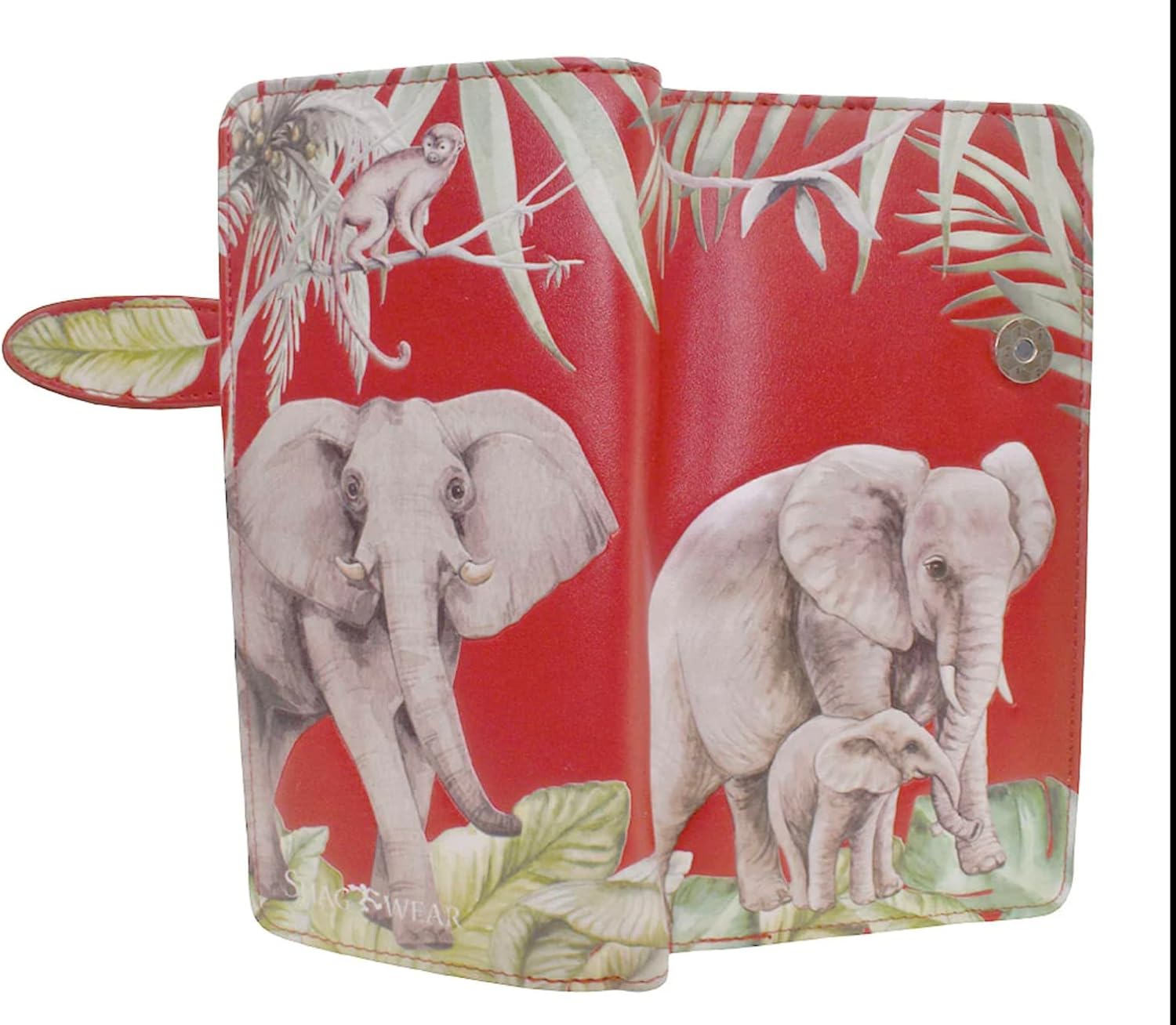 Shag Wear Elephant Jungle Large Animal Wallet for Women and Teen Girls Vegan Faux Leather 7" Red