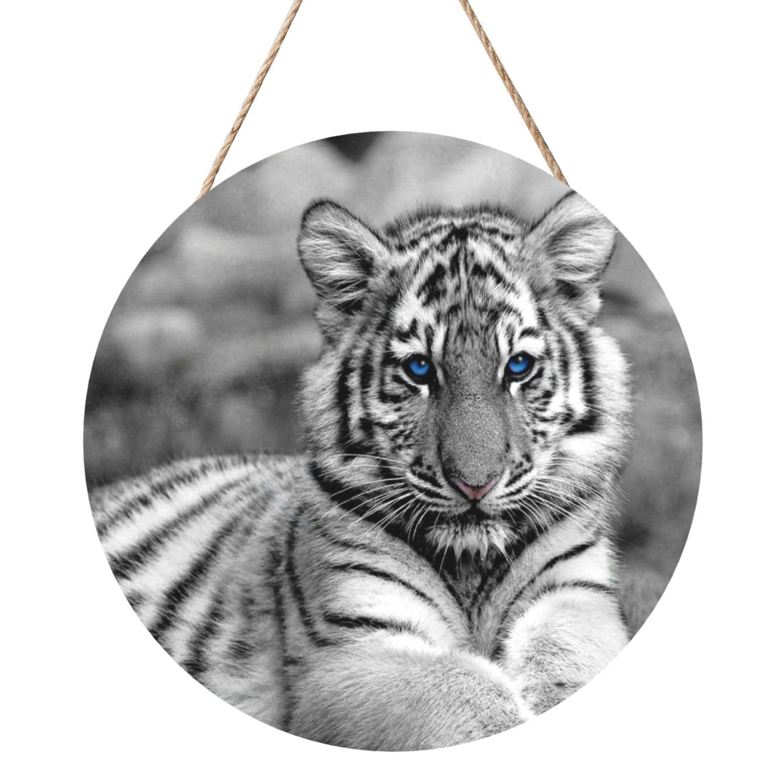 InOmak White Tiger Pattern, Round Wood Panel Painting 12 in, Wall Hanging Painting For Home