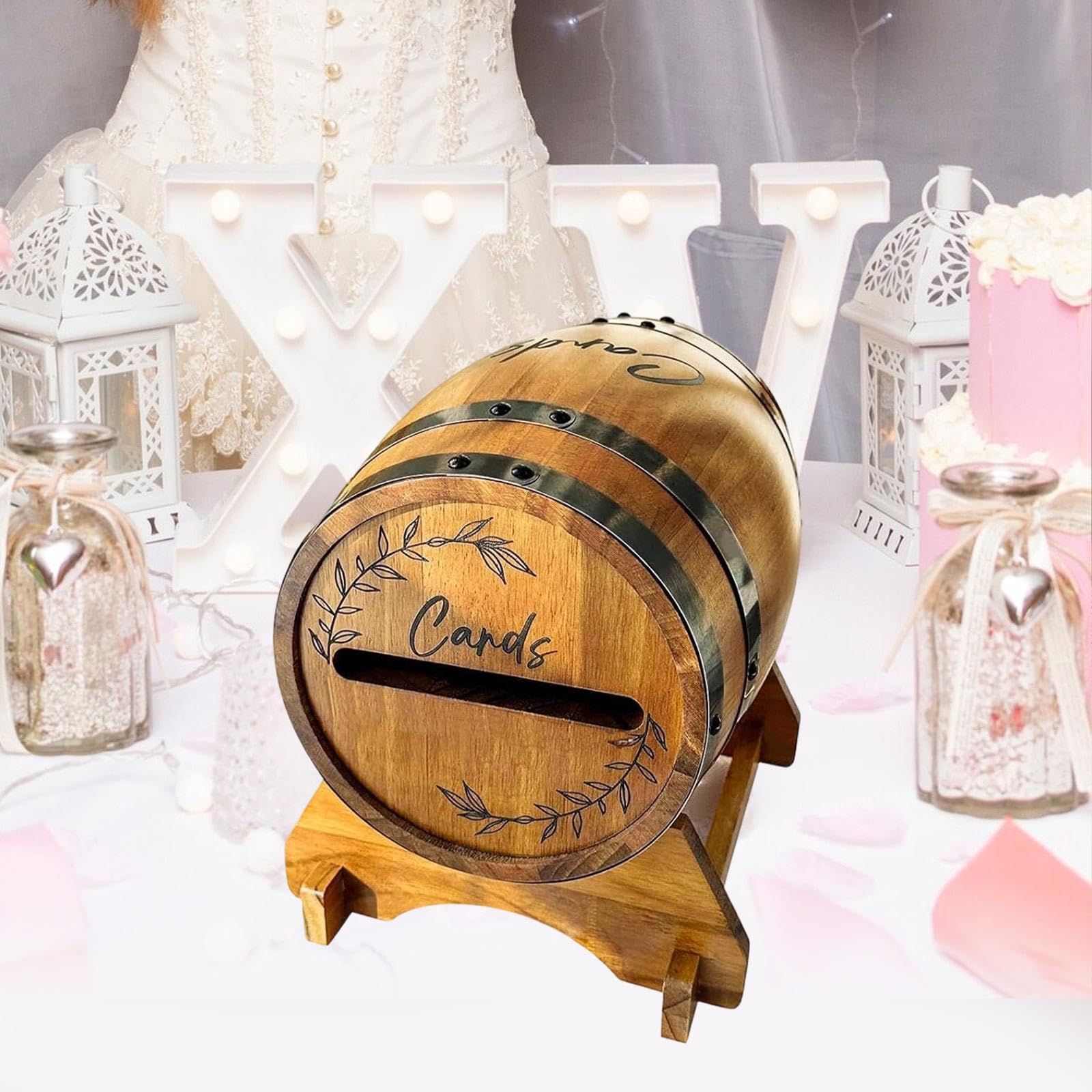 Boîte à Cartes de Mariage en Bois, Urne Mariage Boîte à Enveloppe de Cartes avec Fente et Support, Boîte de Rangement pour Cartes de Mariage en Forme de Baril de Whisky, pour Fête, Anniversair
