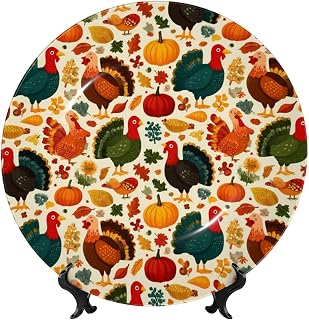 8in Exquisite Ceramic Decorative Plate,Bone Porcelain Plates With Display Stand For Kitchen Dining Room Wine Cabinet-Thanksgiving Turkey (2)