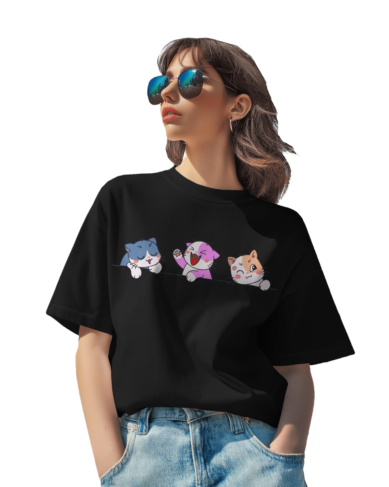 rocky fab Cartoon Cats Graphic T-Shirt, Loose Fit Cotton, Black Casual Top for Women, Short Sleeve Round Neck-picture-18