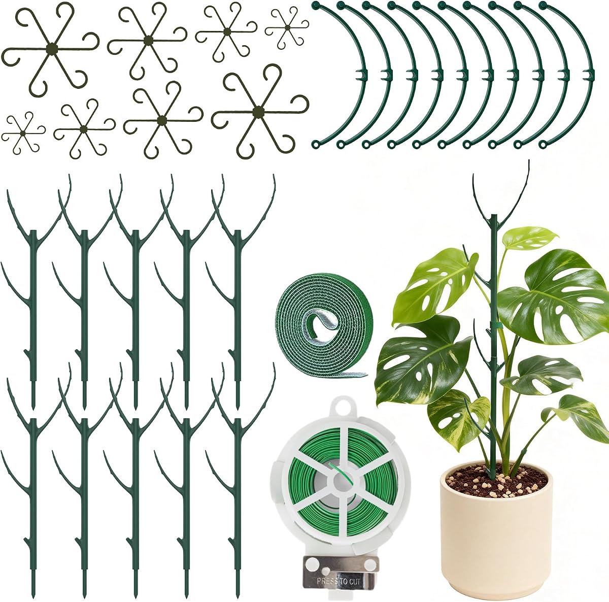 30 estacas apilables de soporte para plantas, estacas para soportes de tallos de plantas Monstera para plantas de interior, incluye alambre de jardín, bridas y cortador para potos, plantas de dinero, vides, exteriores