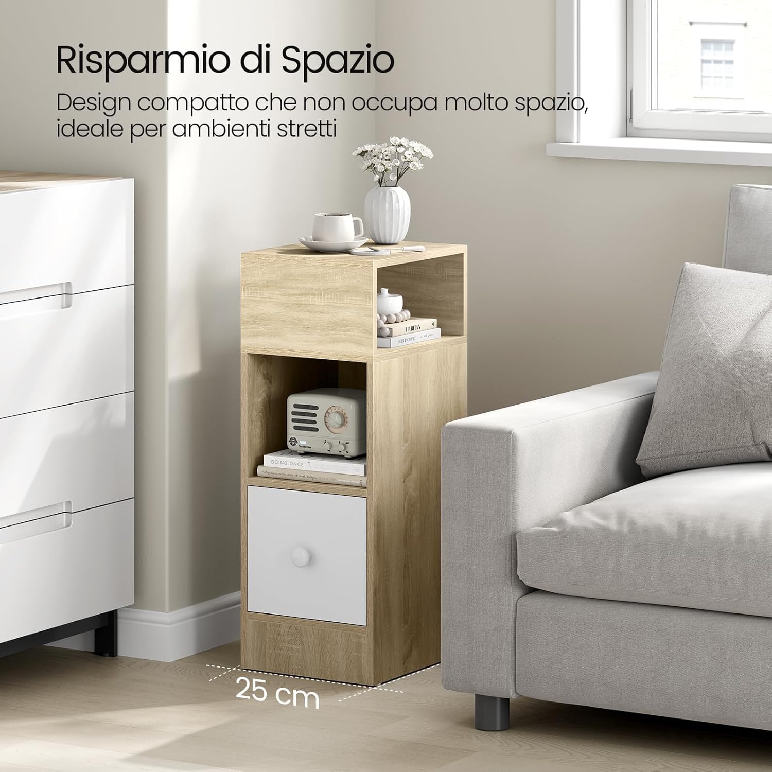 EUGAD Set di 2 Comodino Stretto, Comodino con 2 Scomparti a Giorno e Cassetto, Tavolino da Notte 25x30x66cm, Mobile Salvaspazio per Camera da Letto, Soggiorno, in Truciolato, Rovere, 0192ZZ-2
