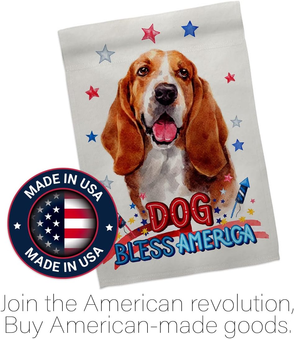 Breeze Decor Patriotic Basset Hound House Flag Dowel Set Dog Puppy Spoiled Paw Canine Fur Pet Nature Farm Animal Creature Decoration Banner Small Garden Yard Gift Double-Sided, Made in USA