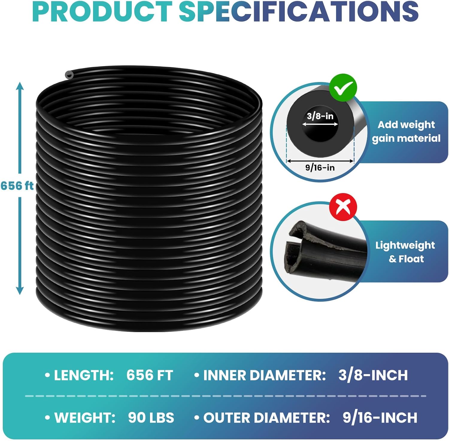Self Sinking Aeration Hose,3/8 inch, 656 Feet Pond Aerator Hose Kit with 4 Copper Menders and 4 Stainless Steel Use for Aquaculture,Garden and Lake Aeration of Aquaculture Aeration Tubing