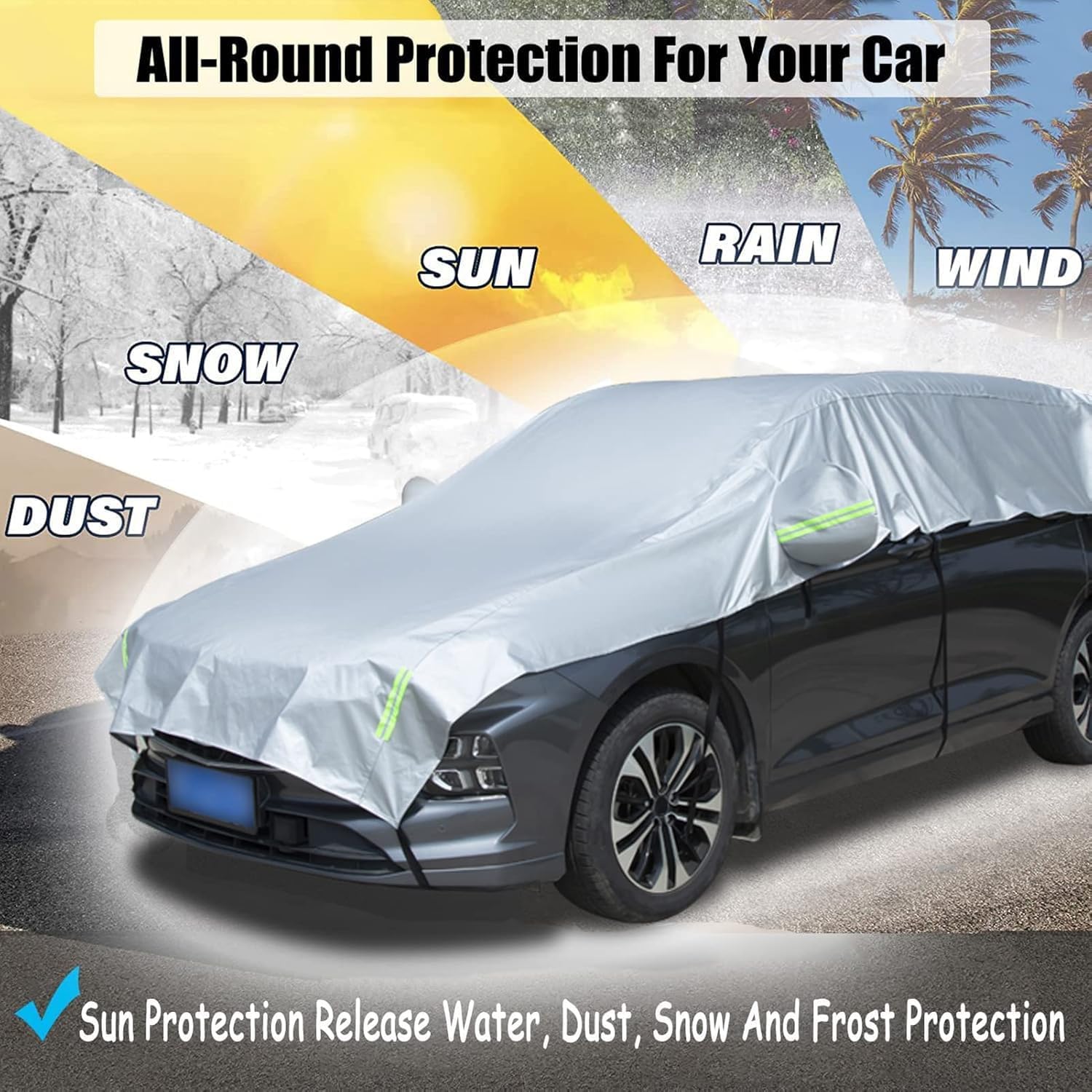 Telo Copriauto Impermeabile Invernale Esterno, Mezza Copertura per Auto con Strisce Riflettenti e Corde Antivento, Mezzo Telo Auto Resistente a Polvere, Graffi, Neve, Universal (SUV)