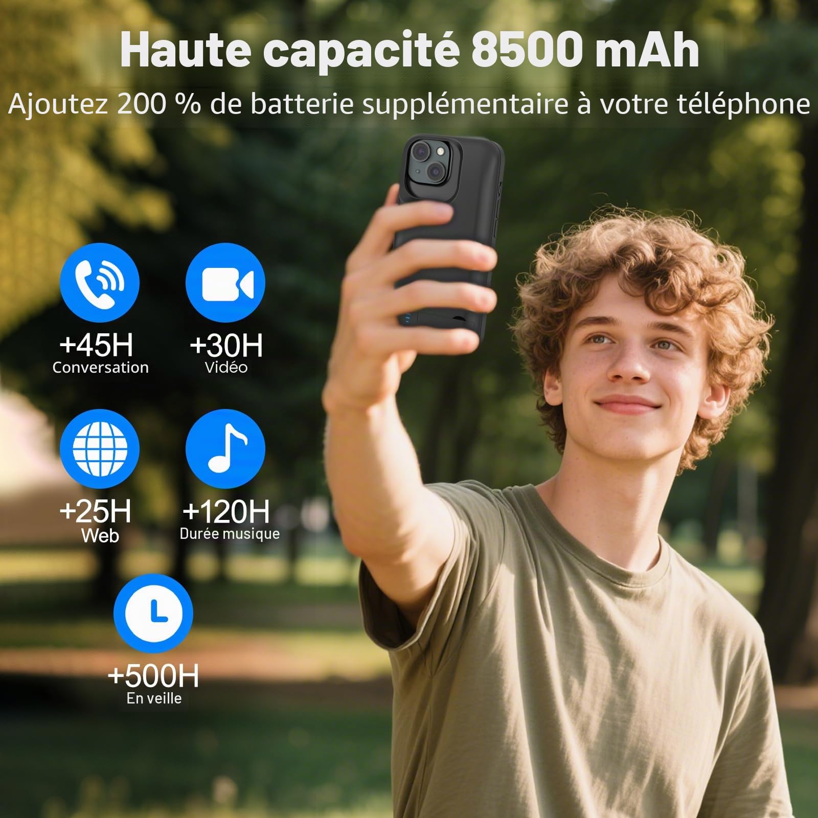 Coque de Batterie pour iPhone 15, Véritable Étui de Charge Fin Rechargeable 8500 mAh avec Support, Batterie Externe de Protection Portable pour iPhone 15, 6,1 Pouces, Noir