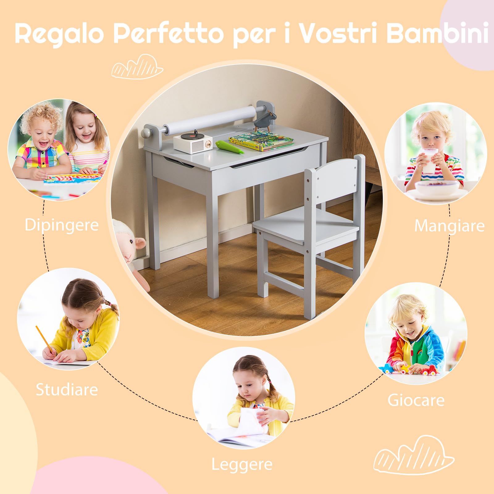 COSTWAY Set Tavolo e Sedia d’Arte per Bambini 3+ Anni, Scrivania in Legno di Pino da Disegno con Portarotolo, Piano Ribaltabile & Vano Portaoggetti, Rotolo di Carta (10m) e 2 Pennarelli (Grigio)