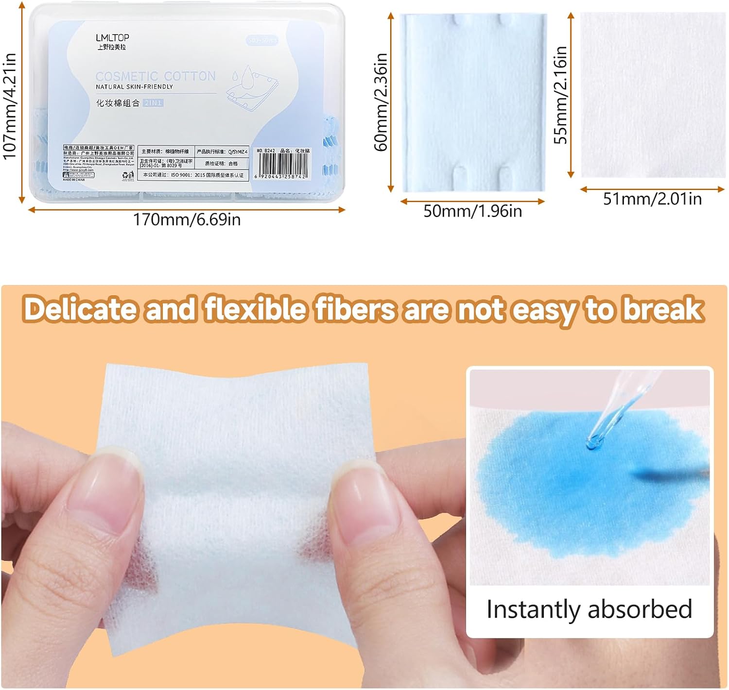 Premium Cotton Rounds,550 Count Hypoallergenic Extra-Soft and Lint-Free, Durable Squares for Facial, Lip, and Eye Makeup Removal