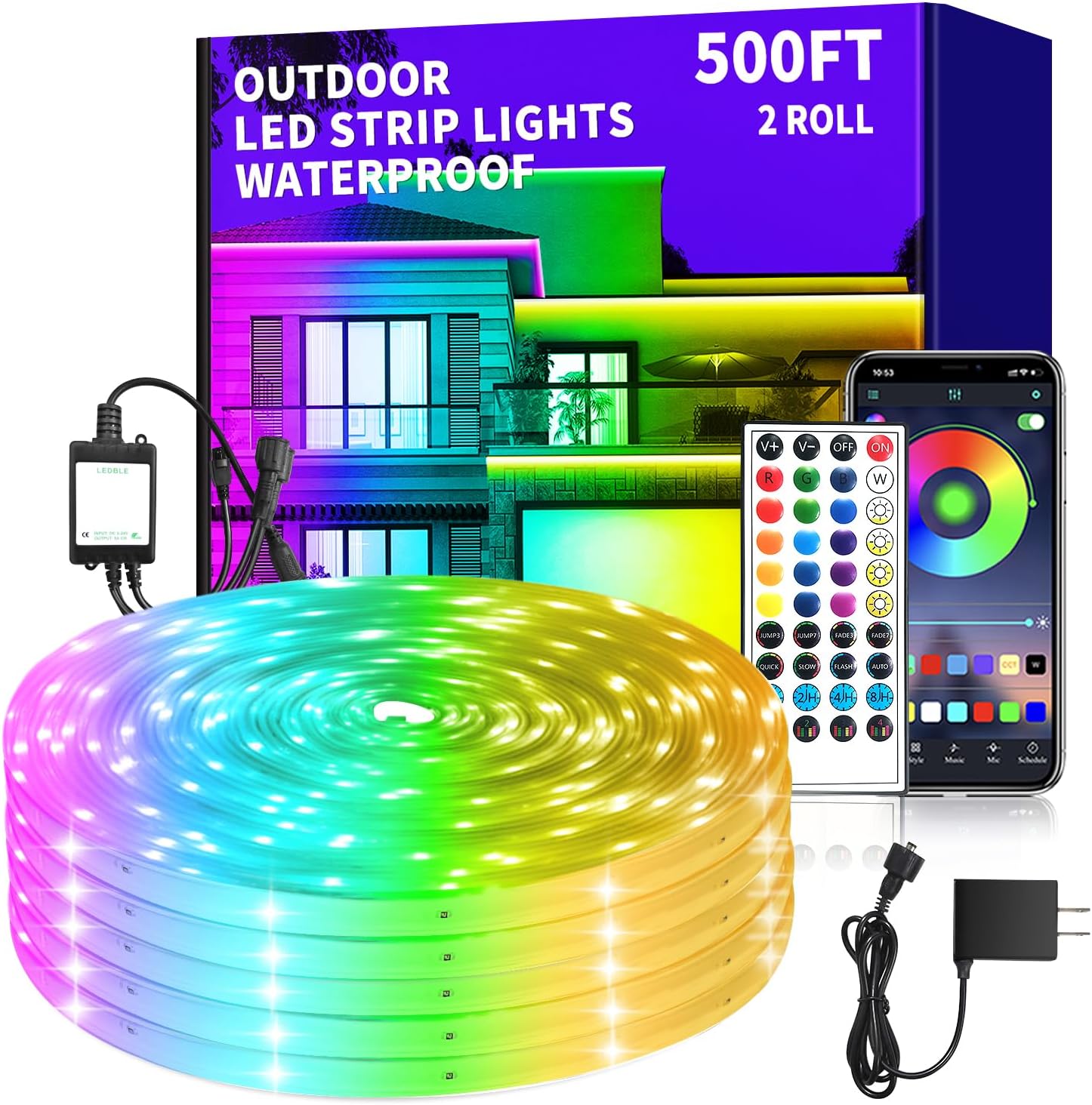 500ft Outdoor LED Strip Lights Waterproof,IP68 Waterproof LED Light Strips with Remote,App Control Music Sync RGB Outdoor LED Rope Lights,LED Lights for Bedroom,Roof,Pool（2 Rolls of 250ft ）
