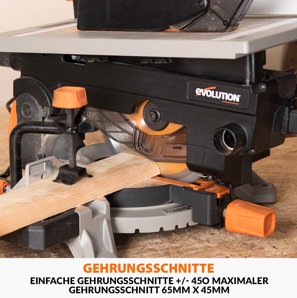 Evolution Power Tools R210MTS-G2 Vielseitige Kapp- und Tischsäge, kompakt, multifunktional, schneidet verschiedene Materialien, TCT-Sägeblatt für Holz, Kunststoff und Metall, 210mm
