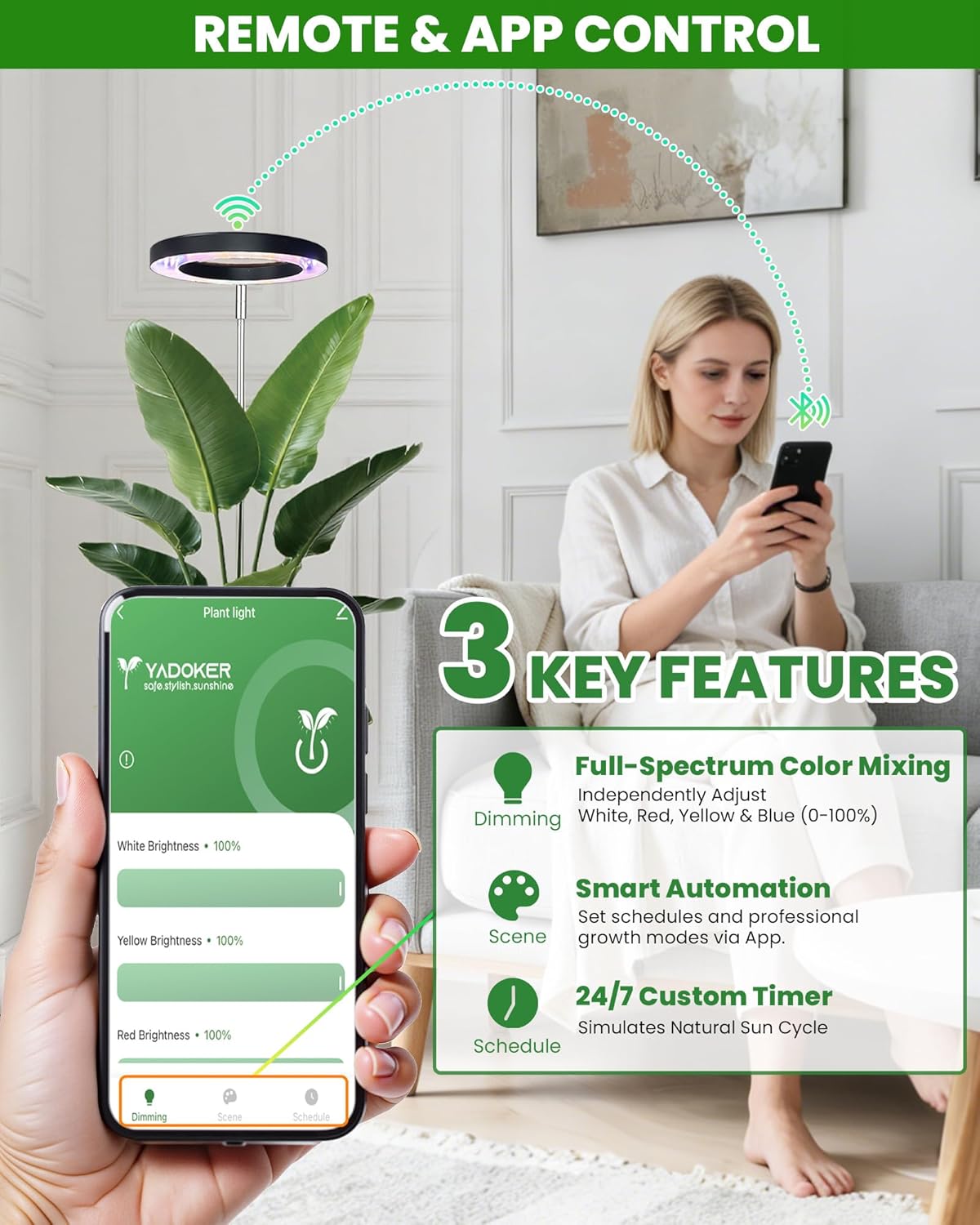 Plant Grow Light,yadoker Smart Plant Light Compatible with Alexa,Google for Indoor Plants,Height Adjustable,Customized Light Brightnesss,Multiple Timers